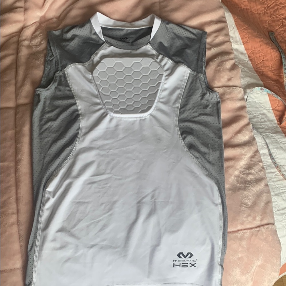 White and Gray Sleeveless Sports Heart Guard shirt